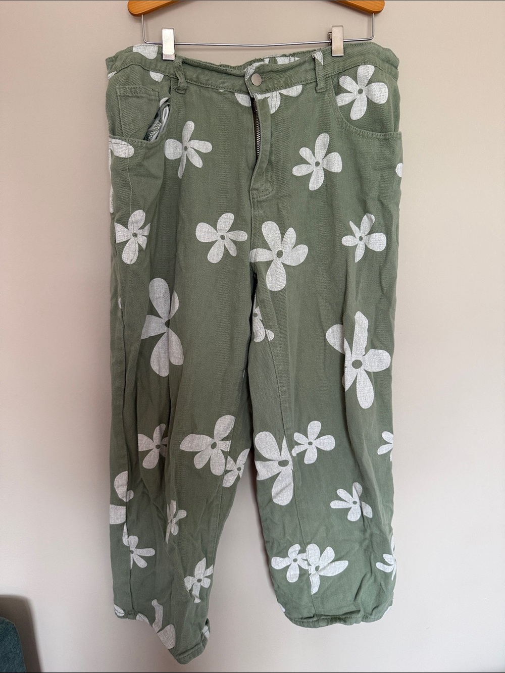 SHEIN Curve Olive Green and White Floral Wide-Leg Pants - 1X